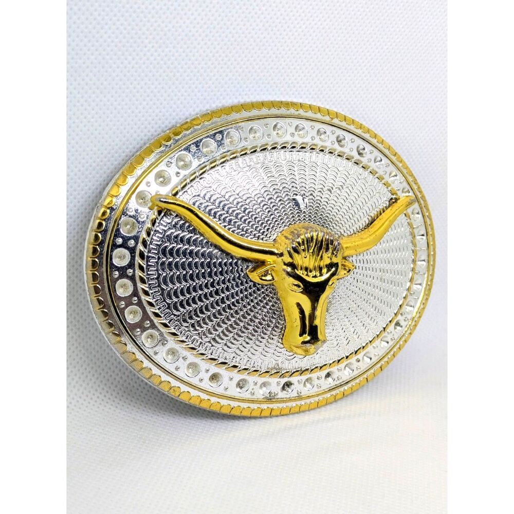 Unisex Vintage Western Longhorn Gold & Silver Two Tone Belt Buckle